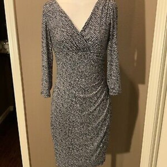 Lauren Ralph Lauren Ruched Dress 10 Black White Gray Wrap V Neckline 3/4 Sleeves - Picture 1 of 14